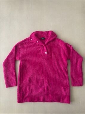 Express Pink Bright Fuchsia Ribbed Button-Neck Sweater with embellished buttons